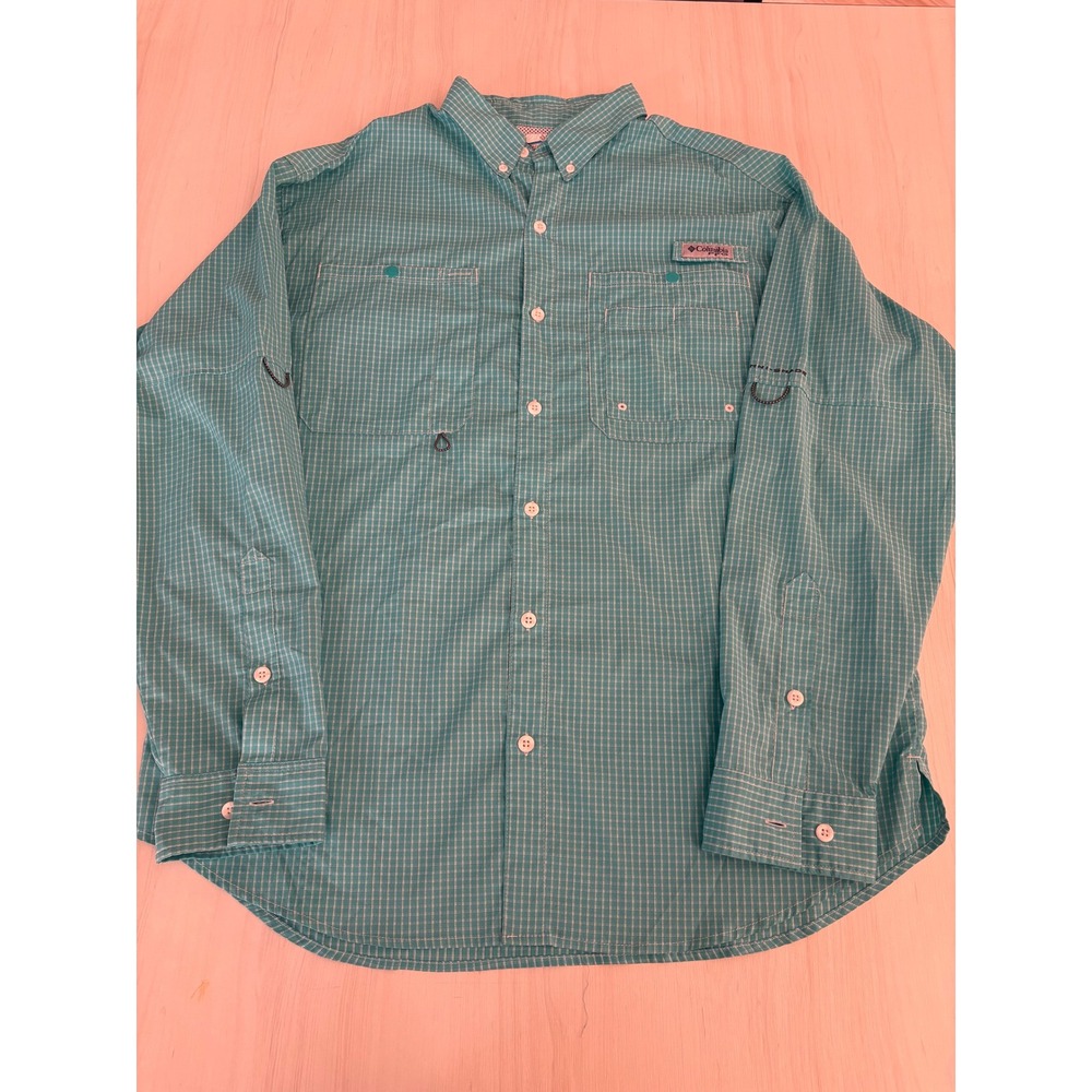 Columbia PFG Men's Large Teal Blue White Plaid Long Sleeve Fishing Shirt